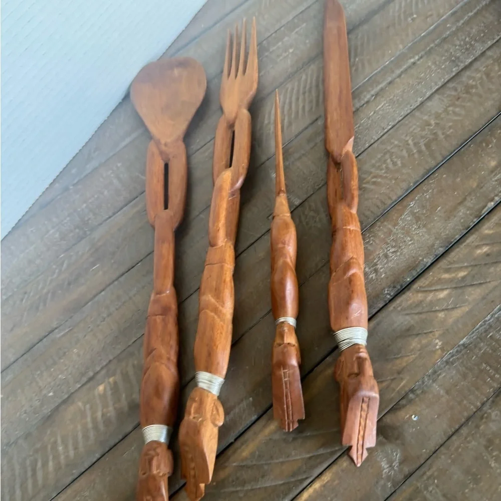 Vintage tribal wooden hand Carved serving set